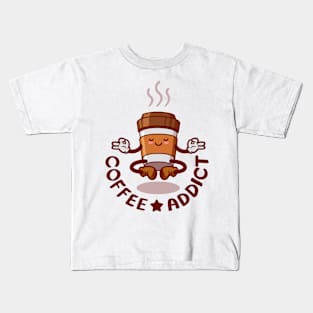 Coffee cup cartoon character, Coffee addict. Kids T-Shirt